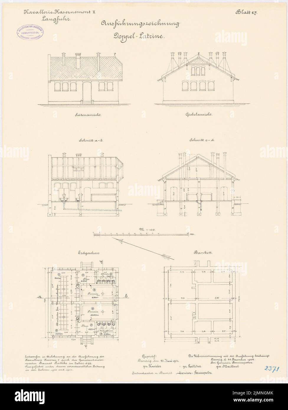 Rathke, Kavallerie Kasernement II à Gdansk-Langfuhr. Double-latrine (20 décembre 1902) : banquet au rez-de-chaussée, section transversale et longitudinale, vue sur le toit et vue latérale, 1: 100. Lithographie, 64,7 x 48,6 cm (y compris les bords de balayage) Banque D'Images