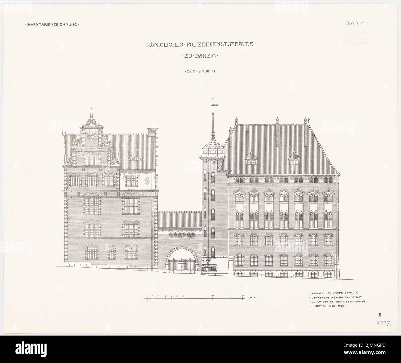 Architecte inconnu, bâtiment des services de police, Gdansk. Bâtiment principal (1902-1905): Vue sud 1: 100. Lithographie, 56 x 66,9 cm (y compris les bords de balayage) Banque D'Images