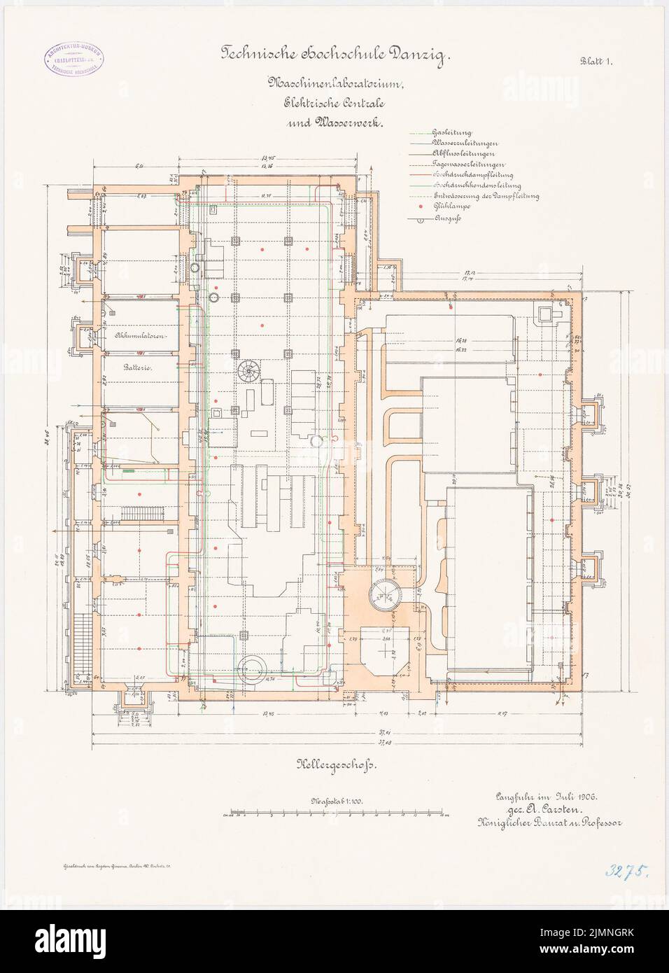 Eggert Hermann (1844-1920), laboratoire de machines, centrale électrique et ouvrages d'eau de l'Université technique de Danzig (07,1906): Grundriss KG 1: 100. Lithographie colorée, 68,7 x 50,6 cm (y compris les bords de numérisation) Banque D'Images