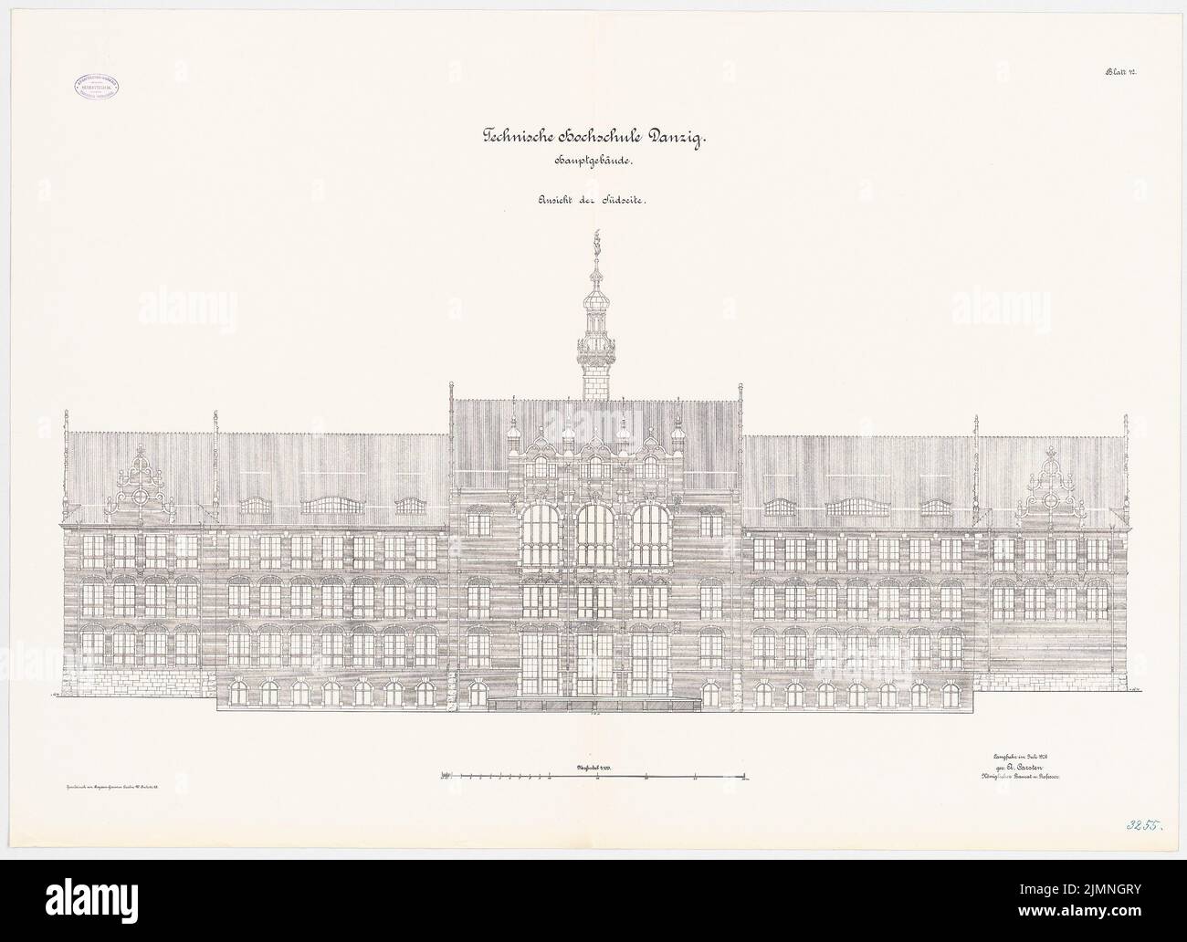 Eggert Hermann (1844-1920), bâtiment principal de l'Université technique de Danzig : vue du sud 1 : 100. Lithographie sur carton, 86,30 x 120,00 cm (bord de lecture compris). Banque D'Images