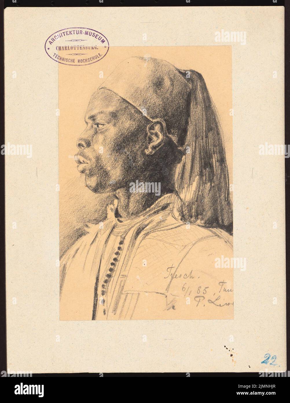 Lissel Paul (1851-1887), portrait d'un Tunizer (06.01.1885) : vue portrait. Crayon, charbon sur papier, 26,3 x 20,3 cm (y compris les bords de numérisation) Banque D'Images