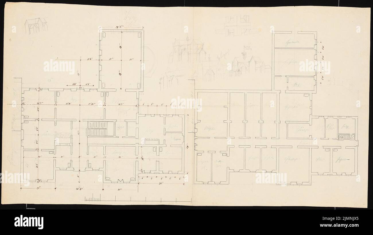 Knoblauch Eduard (1801-1865), Château sur plan d'étage asymétrique (sans date): Sous-sol Grundriss et rez-de-chaussée. Encre et crayon, 57,5 x 102,3 cm (y compris les bords de numérisation) Banque D'Images