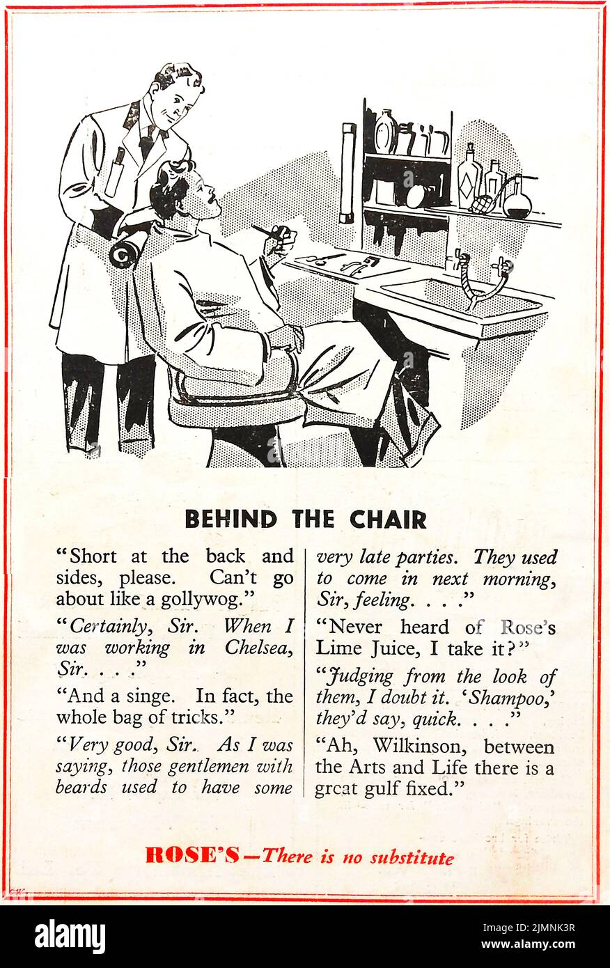 Une publicité britannique inhabituelle des années 1940 pour Rose's Lime Juice qui enregistre une conversation qui semble border le racisme courant prévalant à cette époque. Banque D'Images