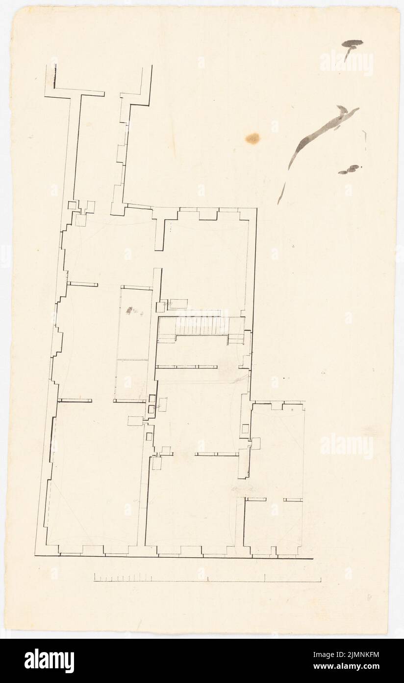 Architecte inconnu, bâtiment (sans date): Plan d'étage à l'étage supérieur avec un escalier varié en face. 1118, Verso : lettrage de la fondation Bleing. Encre, crayon sur papier, 39,2 x 24,9 cm (y compris les bords de numérisation) Banque D'Images