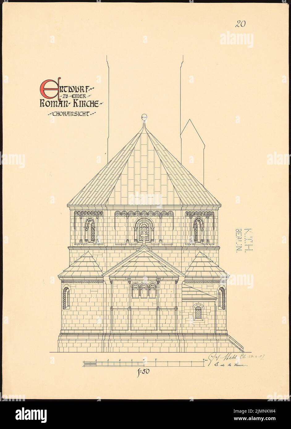 Sauce Eugen de la, église romane (23 avril 1907) : vue de chœur, 1:50. Encre sur carton, 67,2 x 48,7 cm (y compris les bords du scan) sauce Eugen de la : Romanische Kirche Banque D'Images