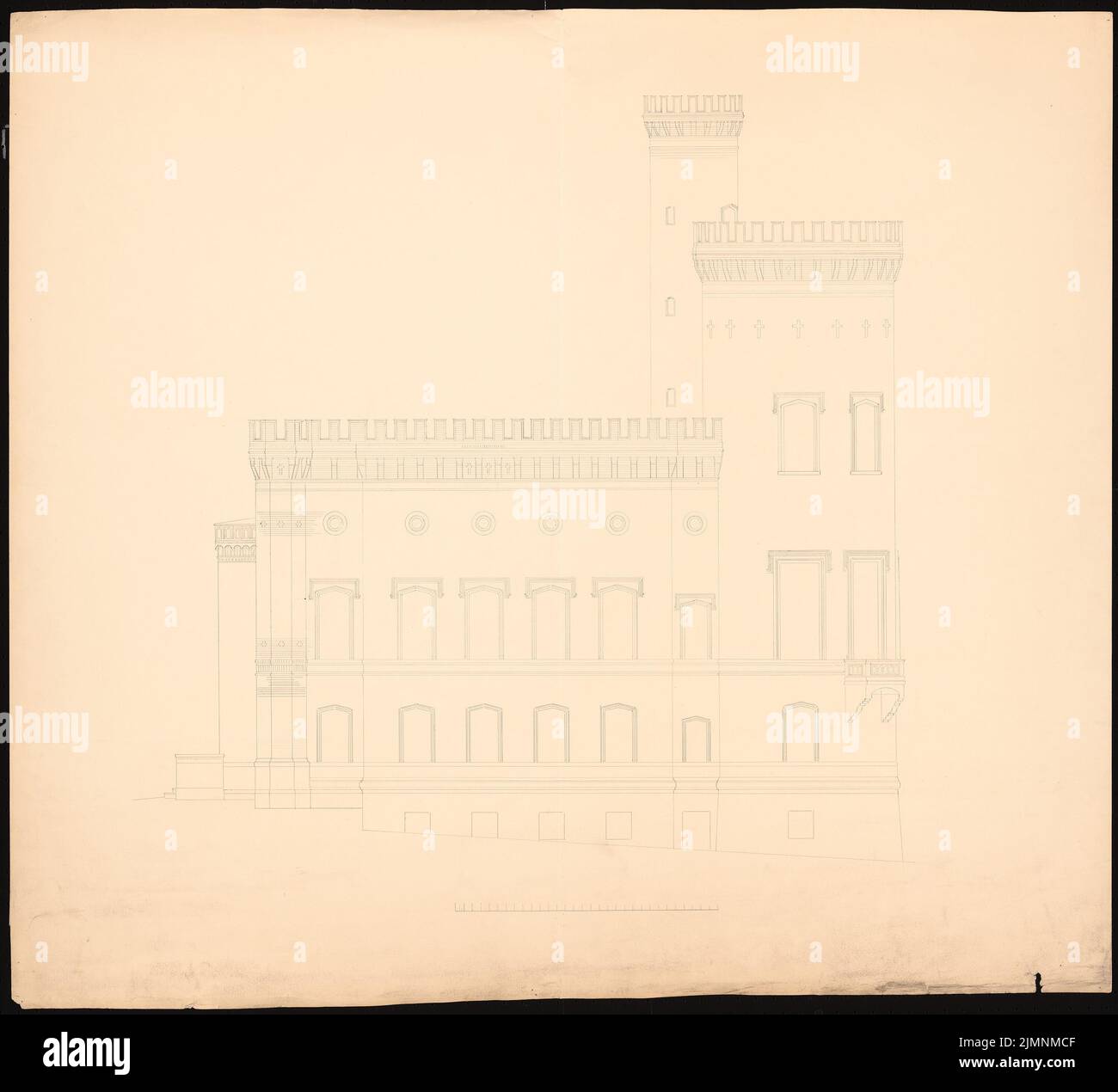 Knoblauch Eduard (1801-1865), pavillon de chasse de Blomenburg à Selent (1842-1857): Vue latérale. Encre, 79 x 87 cm (y compris les bords de numérisation) Knoblauch Eduard (1801-1865): Jagdschloss Blomenburg, Selent Banque D'Images