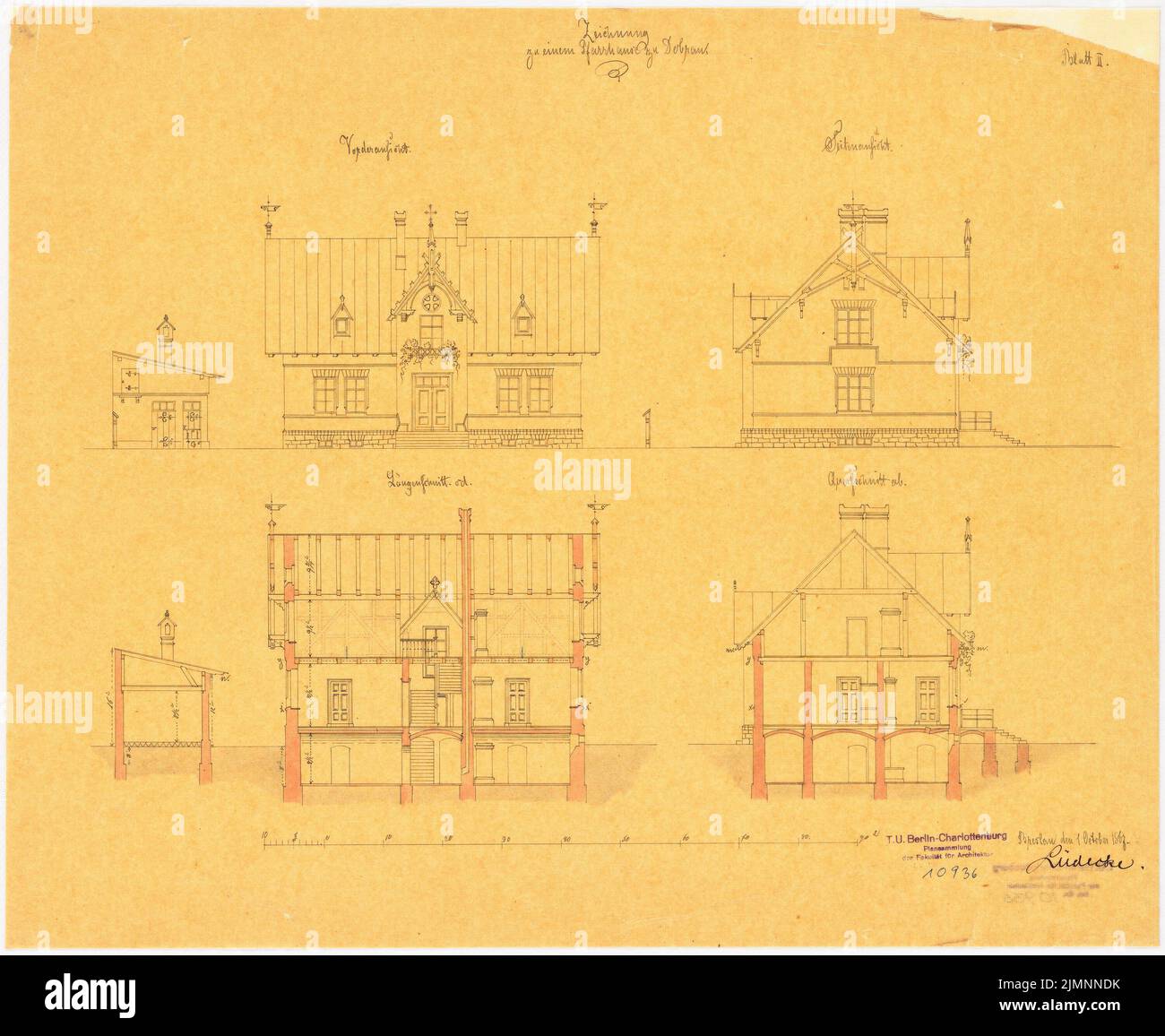 Lüdecke Carl Johann Bogislaw (1826-1894), presbytère à Dobrau (01.10.1867): Vue de face supérieure, vue latérale; section longitudinale, coupe transversale; vue de côté de Riss et coupe de la maison latérale; barre d'échelle. Tuche aquarelle sur transparent, 41,6 x 50,8 cm (y compris les bords de balayage) Lüdecke Carl Johann Bogislaw (1826-1894): Pfarrhaus, Dobrau Banque D'Images