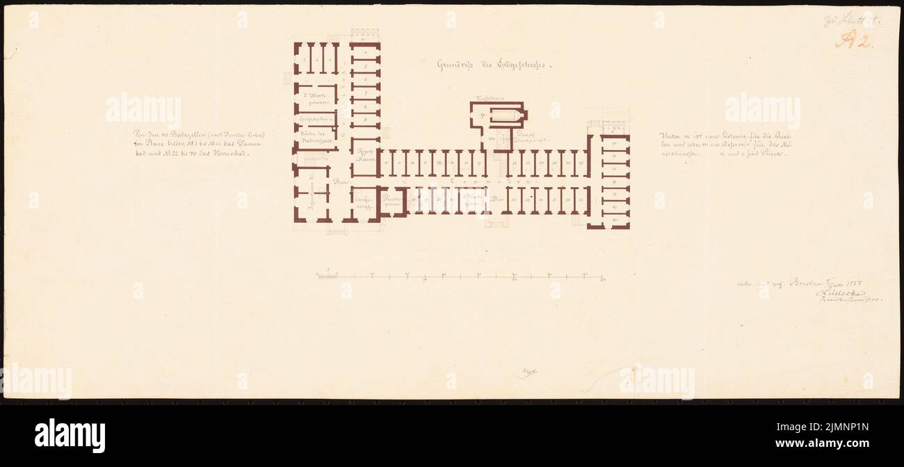 Lüdecke Carl Johann Bogislaw (1826-1894), maison de bains à Bad Reinerz (05.12.1858): Plan d'étage rez-de-chaussée, barre d'échelle. Encre, crayon, couleur encre, aquarelle sur carton, 22,5 x 50,1 cm (y compris les bords de balayage) Lüdecke Carl Johann Bogislaw (1826-1894): Badehaus, Bad Reinerz Banque D'Images