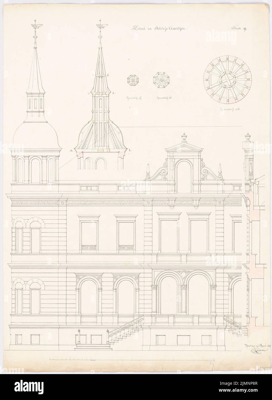 Lüdecke Carl Johann Bogislaw (1826-1894), Château de Queitsch. Conversion et expansion (04,1871 (?)): Partie supérieure du Turla (vue partielle), casque de tour coupé, 3 plans d'étage chaise de toit de tour, barre d'échelle. Tuche aquarelle sur la boîte, complétée par un crayon, 79,1 x 57,6 cm (y compris les bords de balayage) Lüdecke Carl Johann Bogislaw (1826-1894): Schloss Queitsch. Umbau und Ausbau Banque D'Images