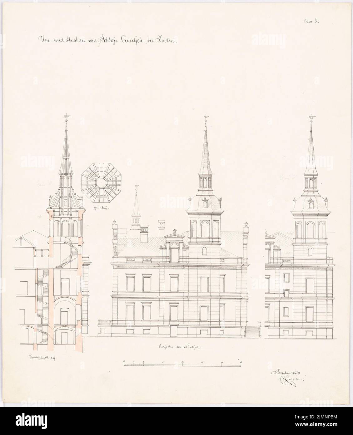 Lüdecke Carl Johann Bogislaw (1826-1894), Château de Queitsch. Conversion et expansion (1870): Côté nord supérieur - 2 variantes; tour à couper, plan de plancher, chaise de toit de tour, barre d'échelle. Tuche aquarelle sur la boîte, complétée par un crayon, 61 x 53 cm (y compris les bords de balayage) Lüdecke Carl Johann Bogislaw (1826-1894): Schloss Queitsch. Umbau und Ausbau Banque D'Images