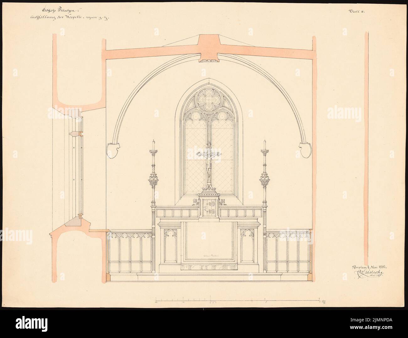 Lüdecke Carl Johann Bogislaw (1826-1894), chapelle du château de Pitschen (06.05.1881) : coupe transversale vers l'autel, barre graduée. Tuche aquarelle sur la boîte, complétée par un crayon, 56,6 x 74,5 cm (y compris les bords de balayage) Lüdecke Carl Johann Bogislaw (1826-1894): Schlosskapelle, Pitschen Banque D'Images