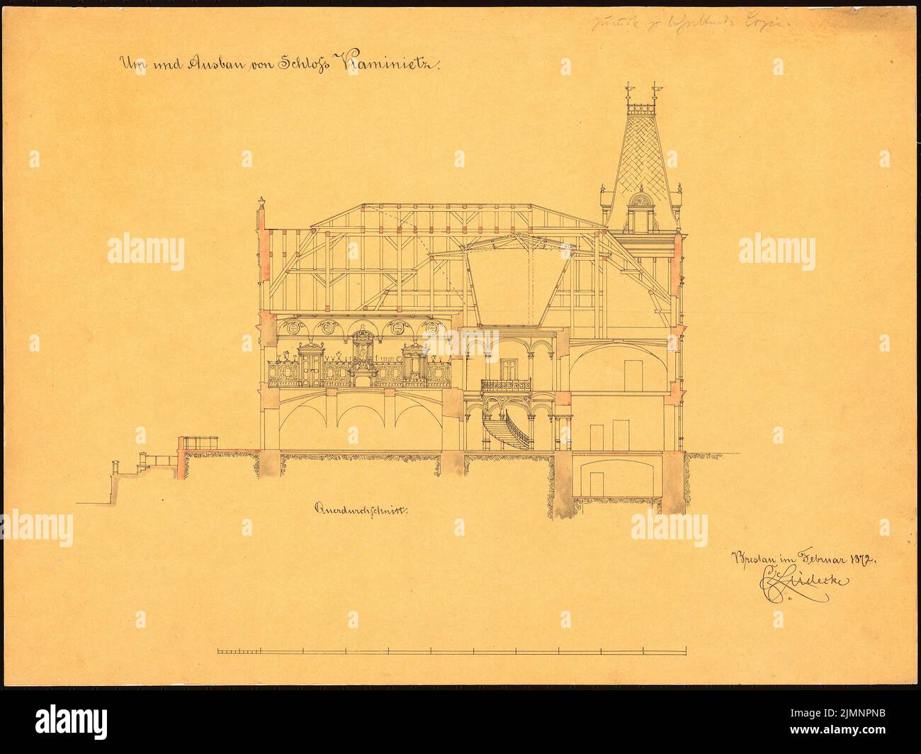 Lüdecke Carl Johann Bogislaw (1826-1894), fermé à Kaminietz. Extension (02,1872) : section transversale, barre d'échelle. Tusche aquarelle sur transparent, 42,4 x 56,6 cm (y compris les bords de balayage) Lüdecke Carl Johann Bogislaw (1826-1894): Schloss Kaminietz. Erweiterung Banque D'Images