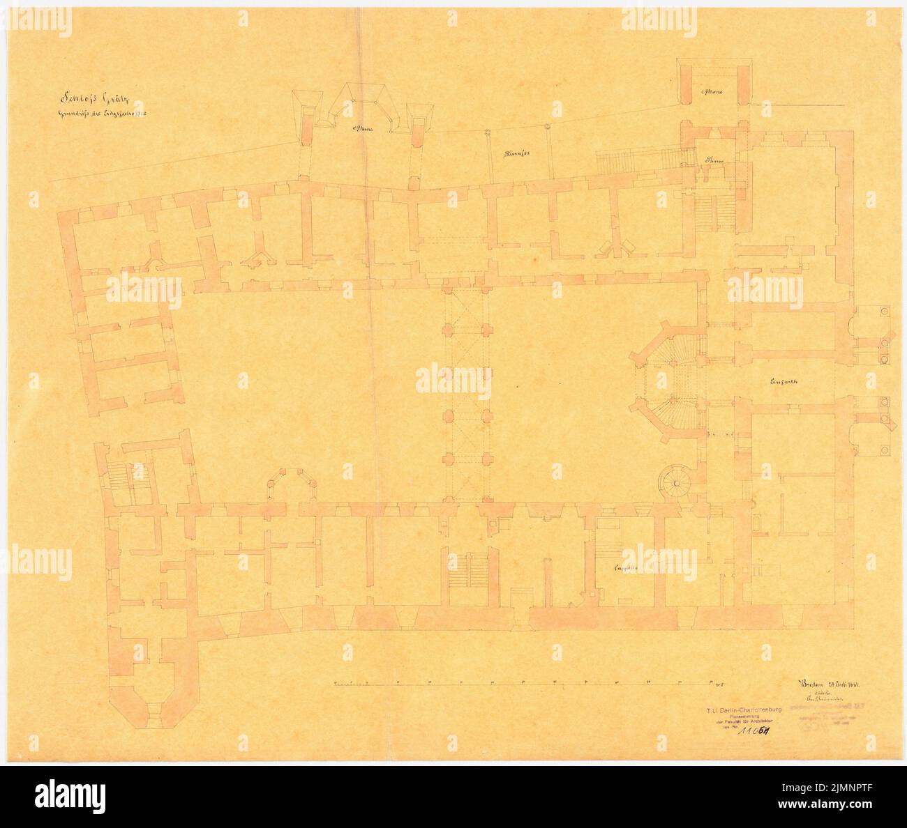 Lüdecke Carl Johann Bogislaw (1826-1894), Château de Graetz près de Troppau. Conversion (07/24/1861): Plan d'étage rez-de-chaussée, échelle (pied). Tuche aquarelle sur transparent, 54 x 63,8 cm (y compris les bords de balayage) Lüdecke Carl Johann Bogislaw (1826-1894): Schloss Graetz BEI Troppau. Umbau Banque D'Images