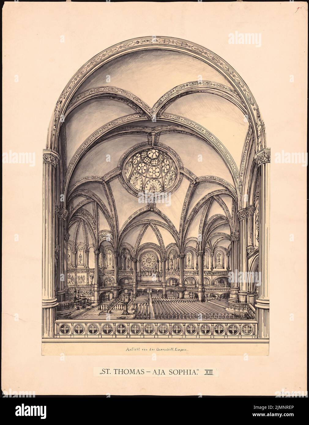 Orth August (1828-1901), Eglise évangélique de la garnison Saint-Thomas à Strasbourg (1889-1889): Perspective intérieur, vue, galerie transversale. Encre aquarelle sur papier, 88,9 x 69,1 cm (y compris les bords de numérisation) Orth August (1828-1901): Evangelische Garnisonkirche St. Thomas, Straßburg Banque D'Images