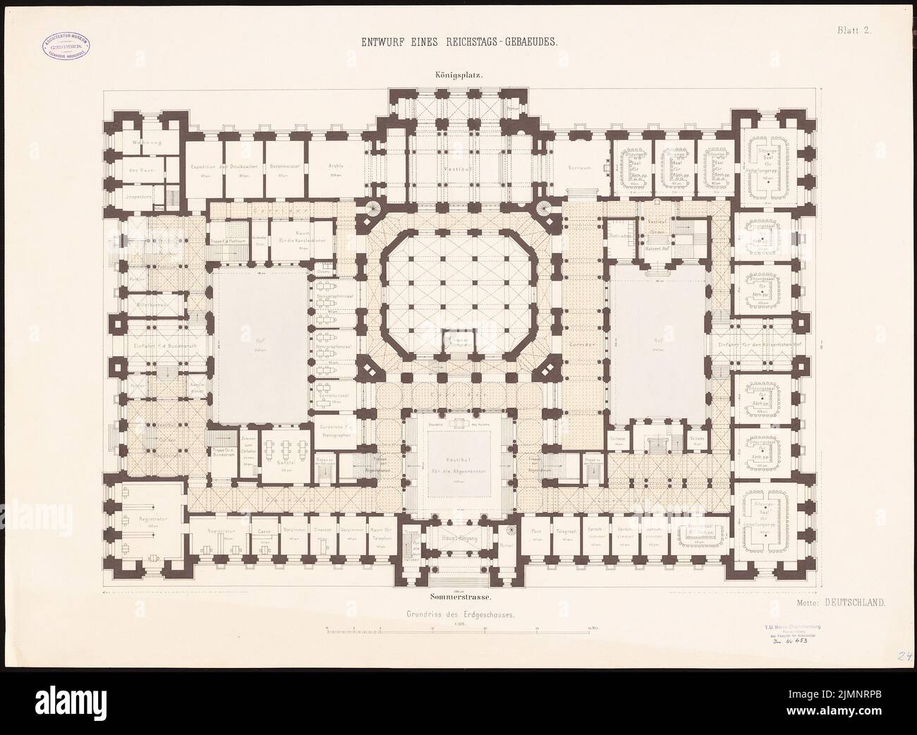 Busse & Schwechten, Reichstag, Berlin (1882): Grundriss EG 1: 200. Tuche aquarelle sur la boîte, 64,2 x 87,6 cm (y compris les bords de balayage) Busse & Schwechten : Reichstag, Berlin. Zweiter Wettbewerb Banque D'Images