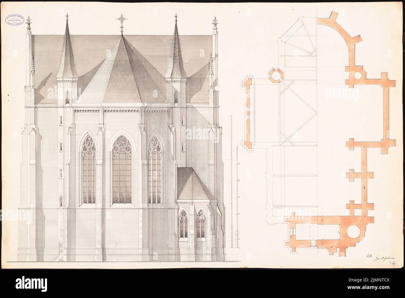 Cremer Robert (1826-1882), Eglise évangélique, Krefeld (sans date) : plan de fondation et vue de la chorale est. Tuche aquarelle sur la boîte, 64,3 x 96,6 cm (y compris les bords de balayage) Cremer Robert (1826-1882): Evangelische Kirche, Krefeld Banque D'Images