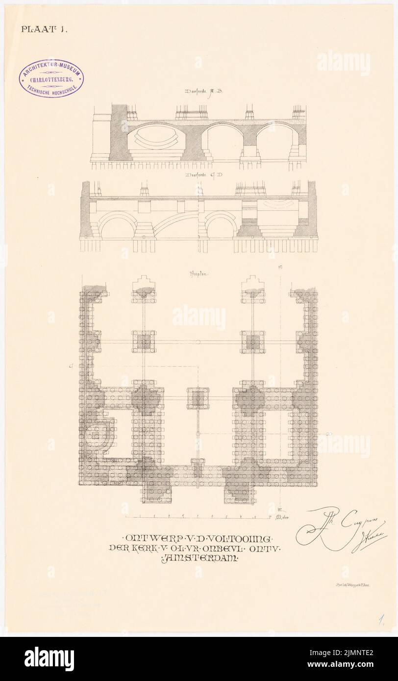 Cuypers P. J. H. (1827-1921), Église de notre chère épouse, Immaculée conception, Amsterdam. Culture (sans date): Plan de plancher et de couper les fondations. Pression sur papier, 44,3 x 27,7 cm (y compris les bords de balayage) Cuypers Petrus Josephus Hubertus (1827-1921): Kirche Unserer Lieben Frau unbefleckter Empfängnis, Amsterdam. Anbau Banque D'Images