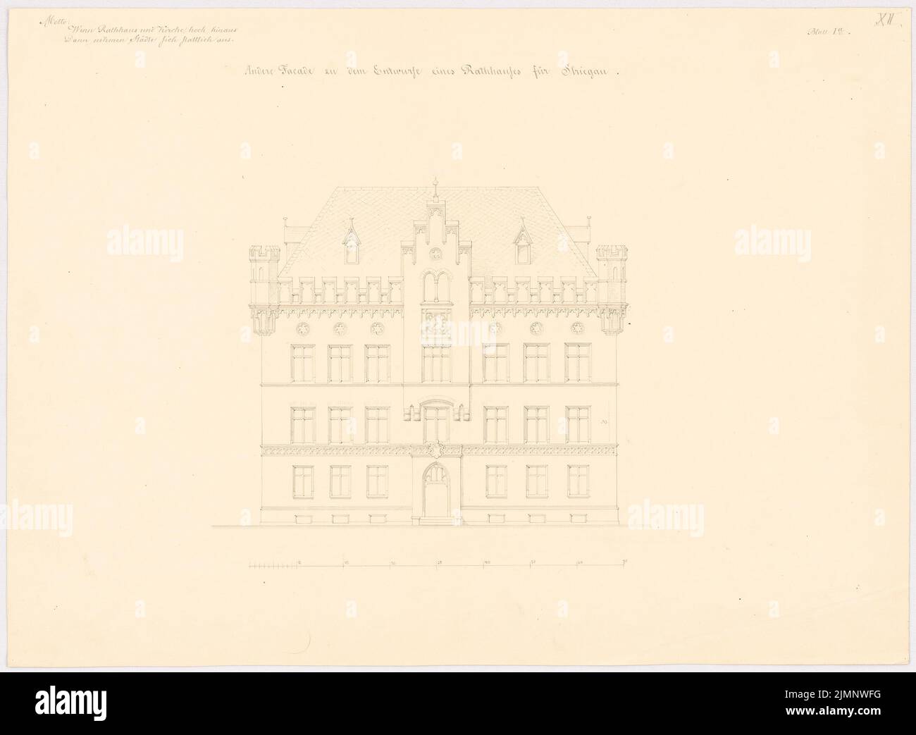 Lüdecke Carl Johann Bogislaw (1826-1894), hôtel de ville de Striegau. Projet 2nd (1858-1858) : vue principale supérieure ; barre d'échelle. Encre sur papier, 37,1 x 50,6 cm (y compris les bords de numérisation) Lüdecke Carl Johann Bogislaw (1826-1894): Rathaus, Striegau. 2. Projekt Banque D'Images