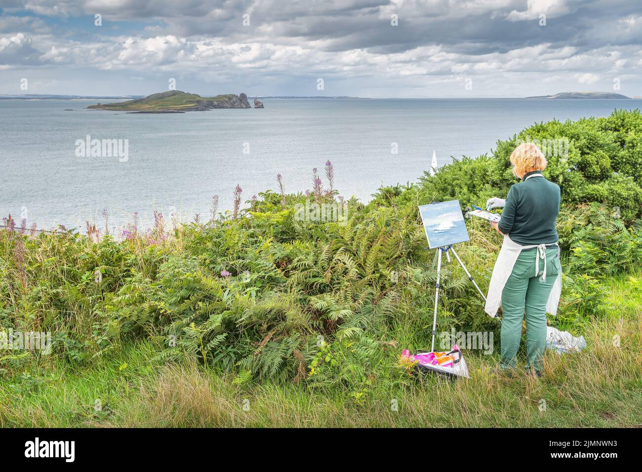 Femme paintant sur toile Irelands Eye Island en plein air sur Howth Cliff Walk Banque D'Images