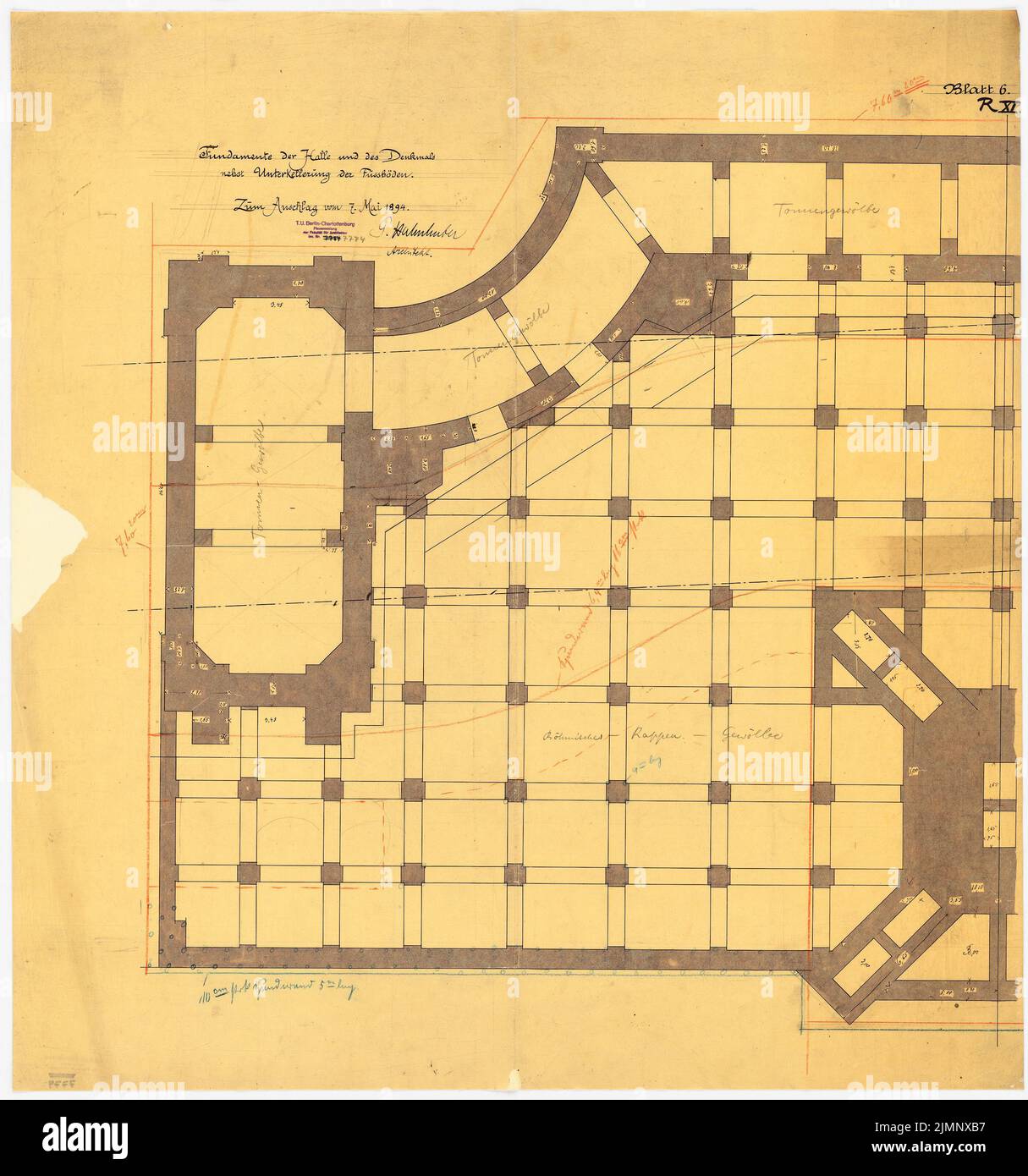 Halmhuber Gustav (1862-1936), monument à l'empereur Guillaume I à Berlin (7 mai 1894): Plan d'étage des fondations de la salle et du monument, cellarisation inférieure de l'étage. Tusche, crayon de couleur aquarelle sur transparent, 98,5 x 92,1 cm (y compris les bords de balayage) Begas Reinhold (1831-1911): Denkmal für Kaiser Wilhelm I., Berlin Banque D'Images