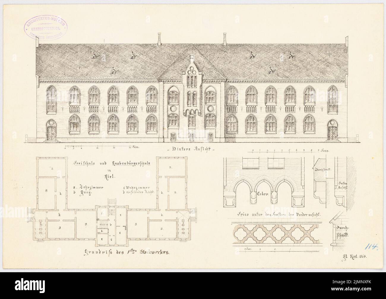 Martens Gustav Ludolf (1818-1872), Free and Boys 'Citizens' School (School am Waisenhof) à Kiel (1864): Plan d'étage à l'étage supérieur; vue arrière de Riss. Tuche aquarelle sur la boîte, 28,2 x 40,1 cm (y compris les bords de balayage) Martens Gustav Ludolf (1818-1872): Frei- und Knabenbürgerschule (Schule am Waisenhof), Kiel Banque D'Images