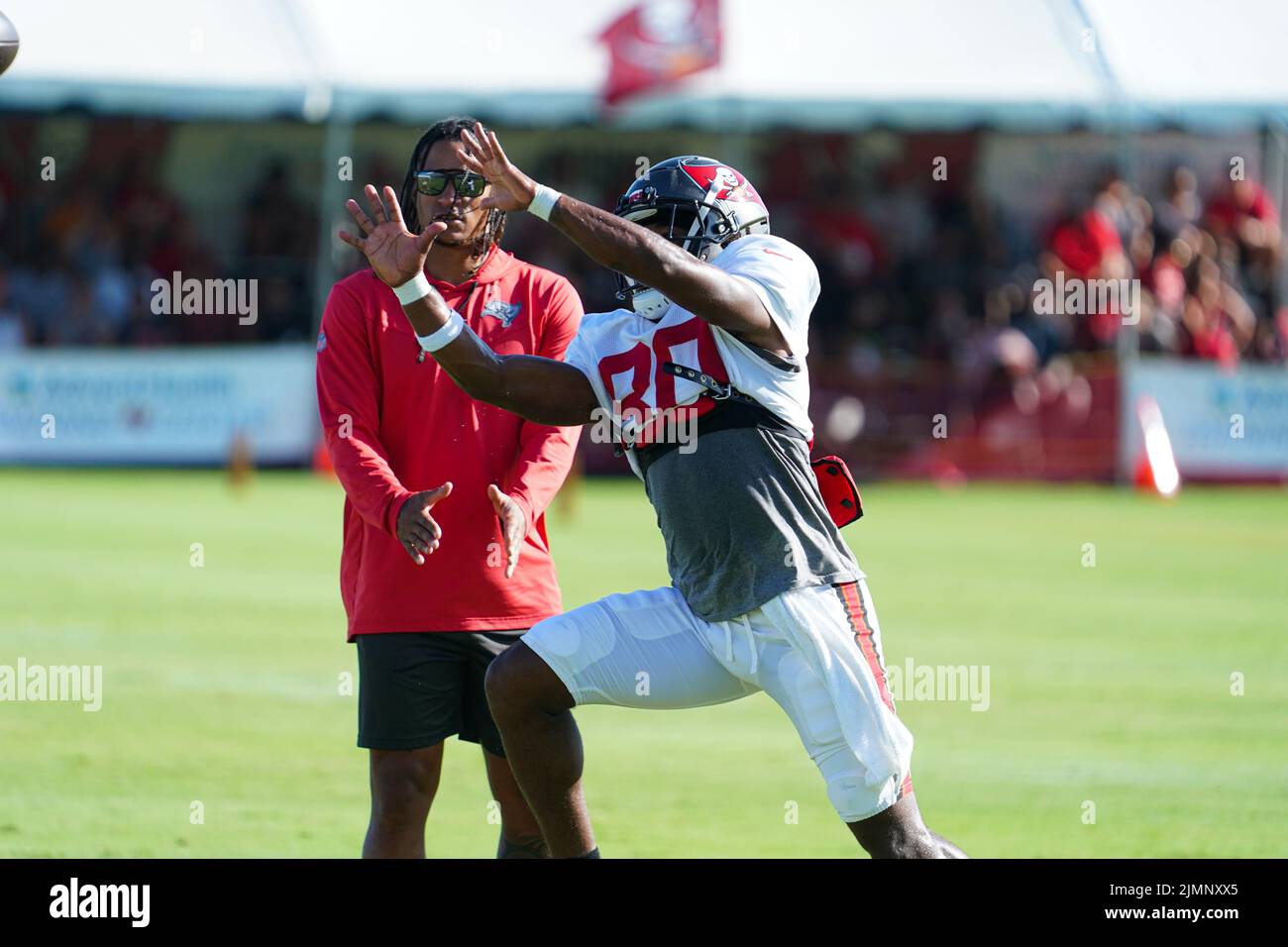 Tampa, Floride, États-Unis, 7 août 2022, Tampa Bay Buccaneers Wide Receveur Kaylon Geiger #80 pendant le camp d'entraînement au centre de formation AdventHealth . (Crédit photo : Marty Jean-Louis) Banque D'Images