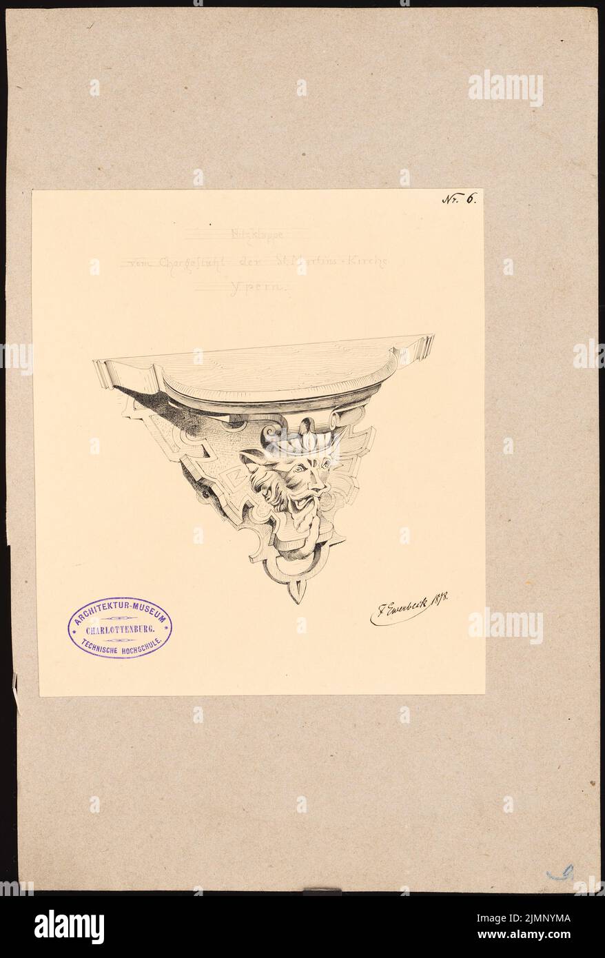 Ewerbeck, Franz (1839-1889), lambeau de siège des stands de chœur de la rue Martinskirche à Ypres (1878): Détail. Encre, crayon sur papier, 39,1 x 26,4 cm (y compris les bords de numérisation) Ewerbeck, Franz (1839-1889): Sitzklape vom Chorgestühl der St. Martinskirche, Ypern Banque D'Images