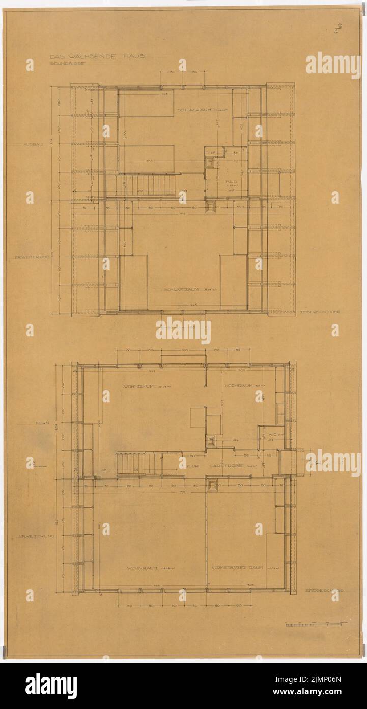 Poelzig Hans (1869-1936), la maison de culture (1931-1932): Plan d'étage rez-de-chaussée, étage supérieur. Crayon sur transparent, 119,1 x 66,1 cm (y compris les bords de balayage) Poelzig Hans (1869-1936): 'Das wachsende Haus' für die Ausstellung 'Sonne, Luft und Haus für alle' 1932 auf dem Messegelände, Berlin-Charlottenburg Banque D'Images