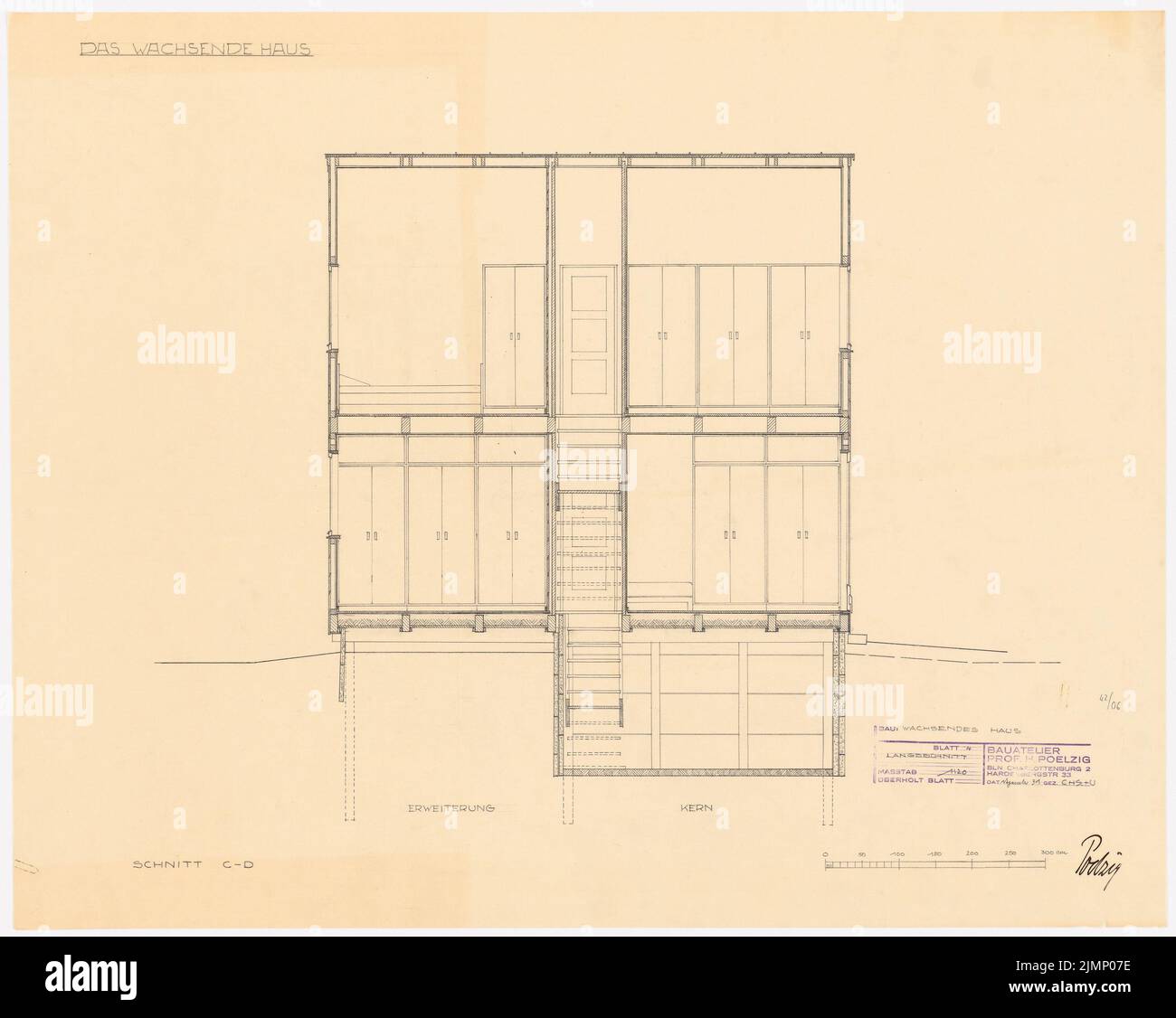 Poelzig Hans (1869-1936), la maison de culture (12,1931): Coupe longitudinale à travers le noyau et l'extension 1:20. Crayon sur transparent, 63,6 x 79,7 cm (y compris les bords de balayage) Poelzig Hans (1869-1936): 'Das wachsende Haus' für die Ausstellung 'Sonne, Luft und Haus für alle' 1932 auf dem Messegelände, Berlin-Charlottenburg Banque D'Images