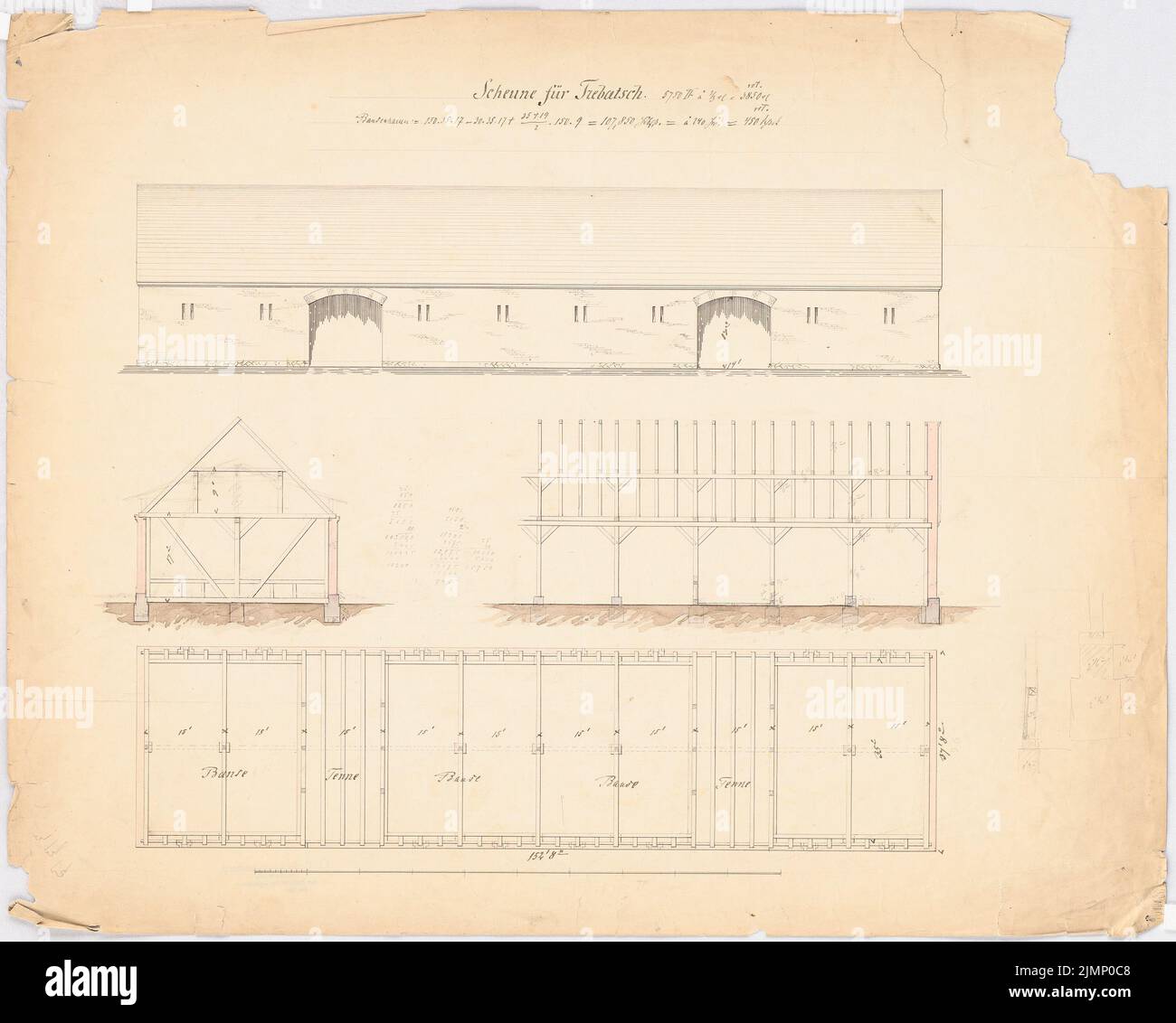 Niermann Carl (1832-1896), grange à Trebatsch (sans dat.): Plan d'étage avec poutres, vue latérale verticale, 2 coupes. Tuche aquarelle sur papier, 46,6 x 58,1 cm (y compris les bords de numérisation) Niermann Carl (1832-1896): Scheune, Trebatsch Banque D'Images