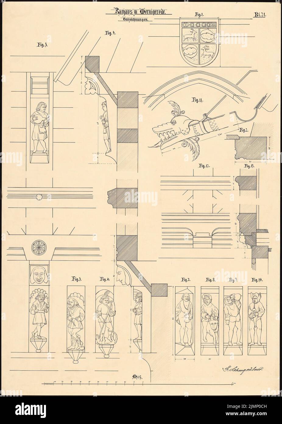 Lehmmübner Paul (1855-1916), hôtel de ville de Wernigerode. Conversion (1897): Détails 1: 5. Encre sur carton, 88 x 62,7 cm (y compris les bords de numérisation) Lehmgrübner Paul (1855-1916): Rathaus, Wernigerode. Umbau Banque D'Images