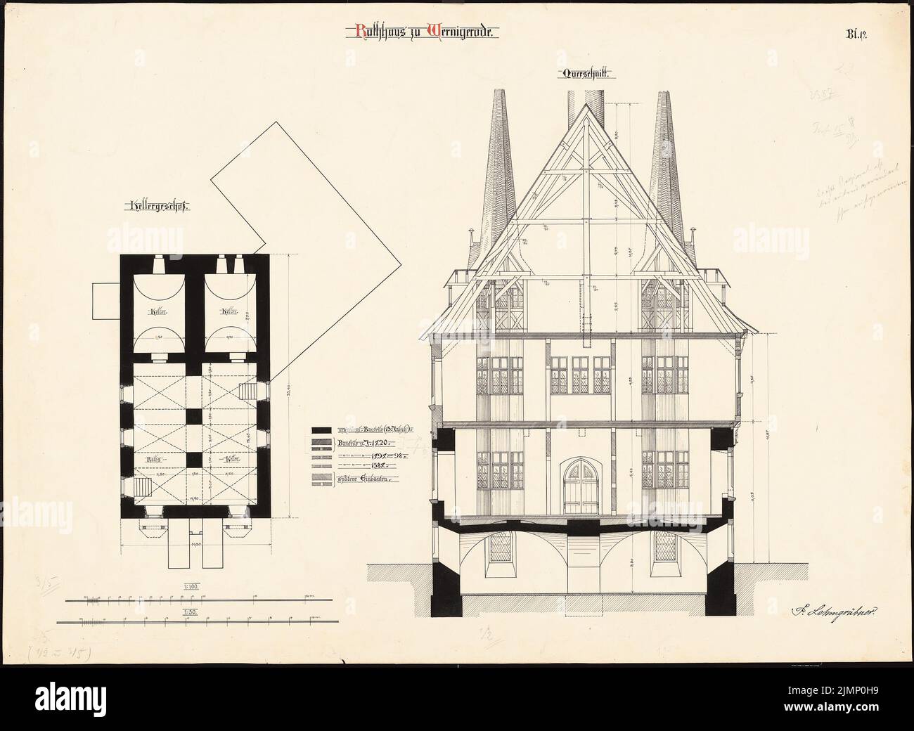 Lehmmübner Paul (1855-1916), hôtel de ville de Wernigerode. Conversion (1897): Grundliss Keller 1: 100, section transversale 1:50, état structurel à partir du 13th siècle. Jusqu'en 1874. Encre sur carton, 64,3 x 88 cm (y compris les bords de numérisation) Lehmgrübner Paul (1855-1916): Rathaus, Wernigerode. Umbau Banque D'Images