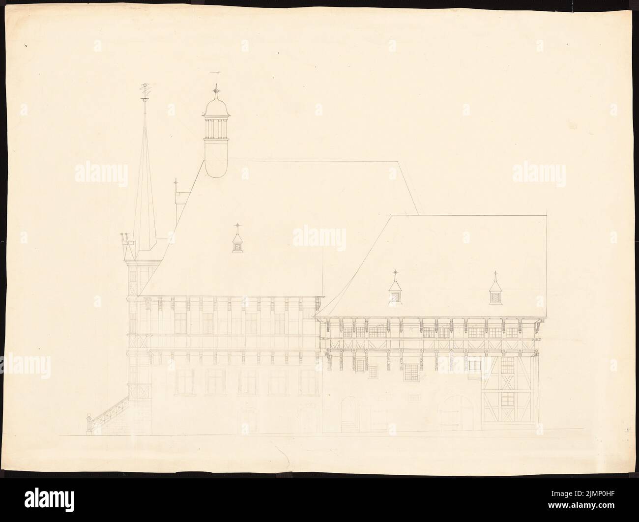 Lehmmübner Paul (1855-1916), hôtel de ville de Wernigerode. Conversion (1897): RISS vue latérale 1:50, dessin non fini. Crayon sur transparent, 75,4 x 100,8 cm (y compris les bords du scan) Lehmgrübner Paul (1855-1916): Rathaus, Wernigerode. Umbau Banque D'Images