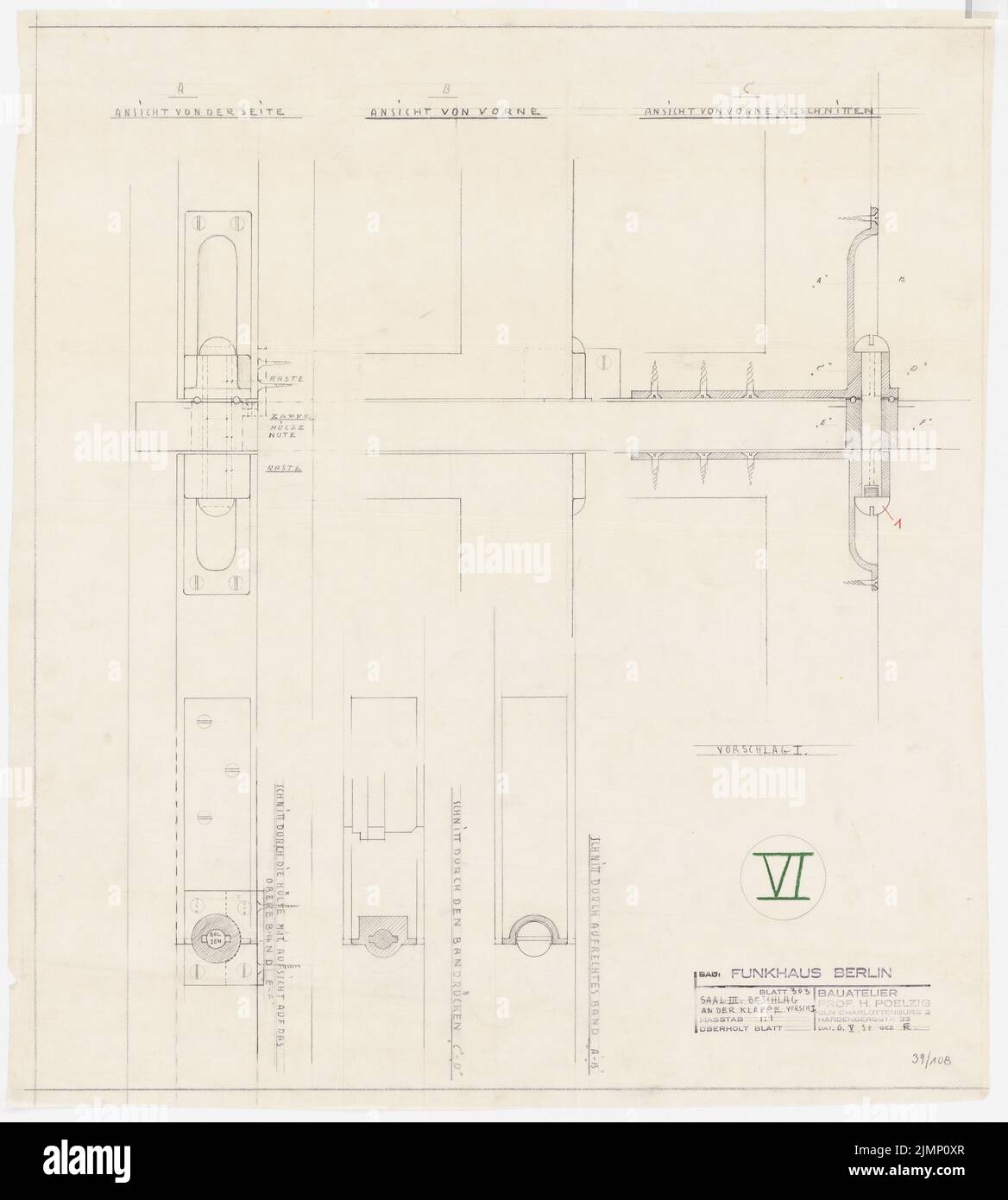 Poelzig Hans (1869-1936), Maison de la radio, Berlin (06.05.1930): Détaillé sur le rabat Saal 3, 1: 1. Crayon, crayon de couleur sur transparent, 69,9 x 62,8 cm (y compris les bords de balayage) Poelzig Hans (1869-1936): Haus des Rundfunks, Berlin-Charlottenburg Banque D'Images