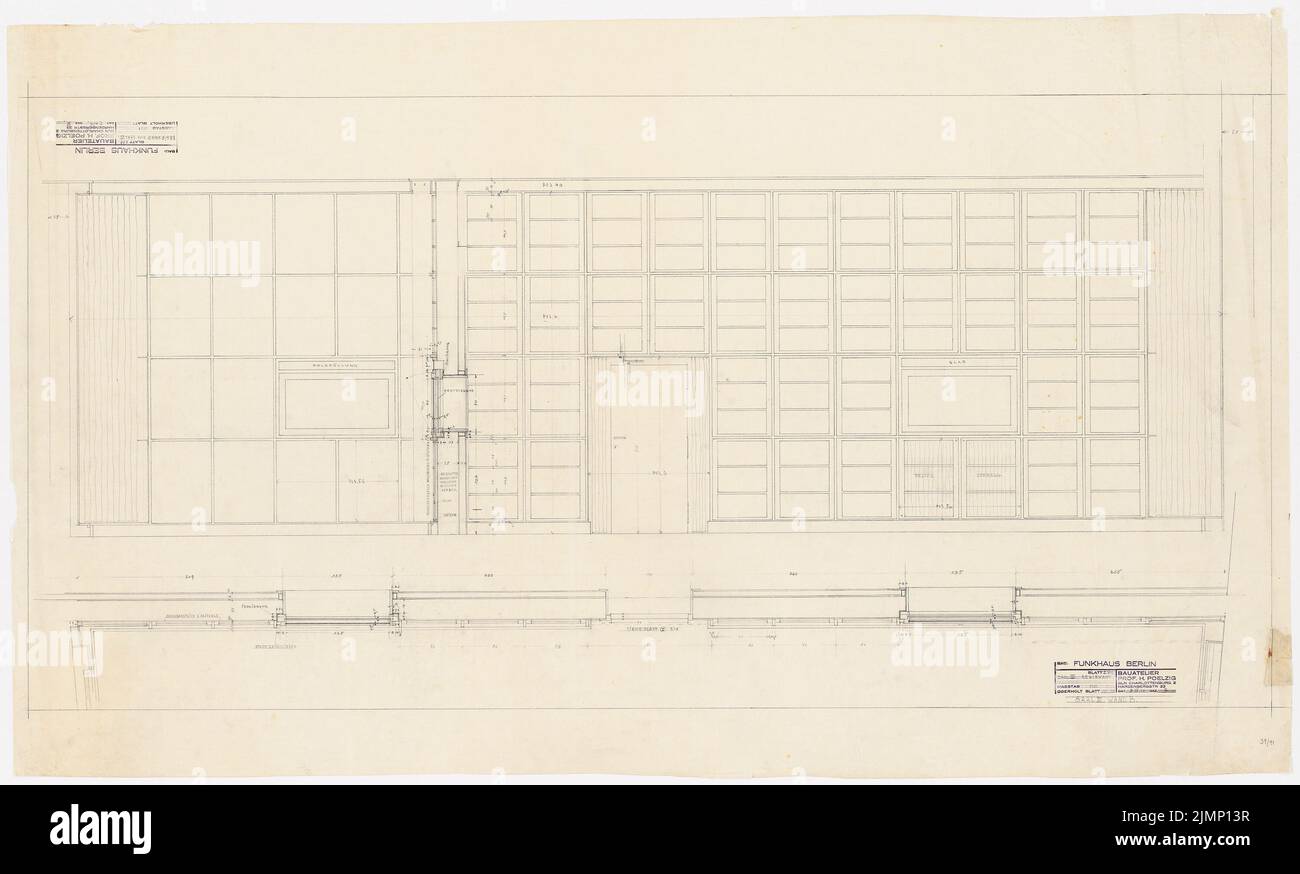 Poelzig Hans (1869-1936), Maison de la radio, Berlin-Charlottenburg : supérieur, plan d'étage, mur de coupe hall 3, 1:10. Crayon sur transparent, 92,00 x 155,00 cm (bord de numérisation inclus). Musée de l'architecture de l'Université technique de Berlin Inv. HP 039,097. Poelzig Hans (1869-1936): Haus des Rundfunks, Berlin-Charlottenburg Banque D'Images