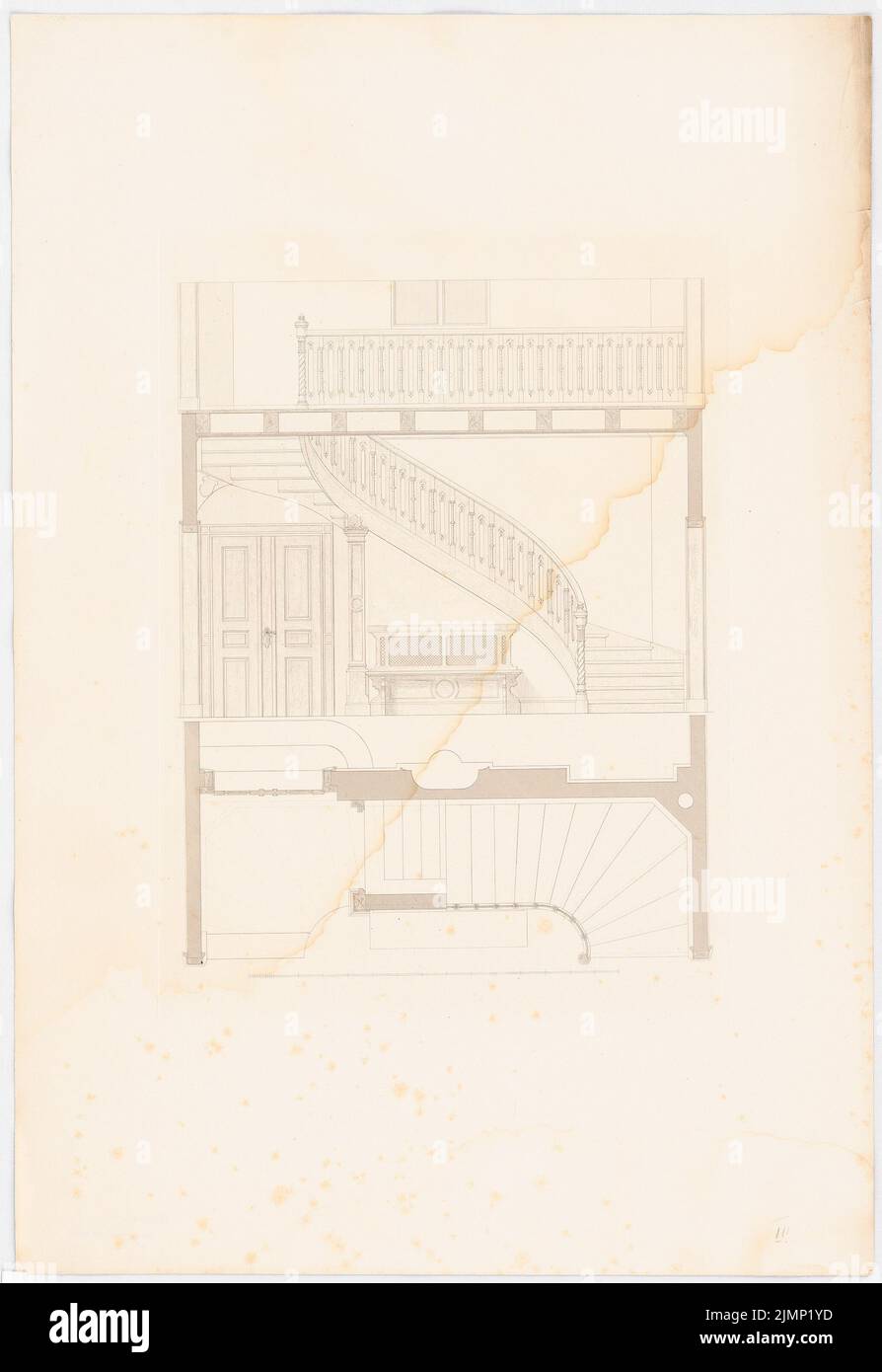 Lange Ludwig (1808-1868), villa dans une banlieue (?). (Depuis : L. Lange, œuvres de l'architecture supérieure, 1860) (sans date) : escalier intérieur : plan d'étage, vues. Pression sur carton, 65 x 44,8 cm (y compris les bords de balayage) Lange Ludwig (1808-1868): Werke der höheren Baukunst, Darmstadt 1856. Villa à Einer Vorstadt (?) Banque D'Images