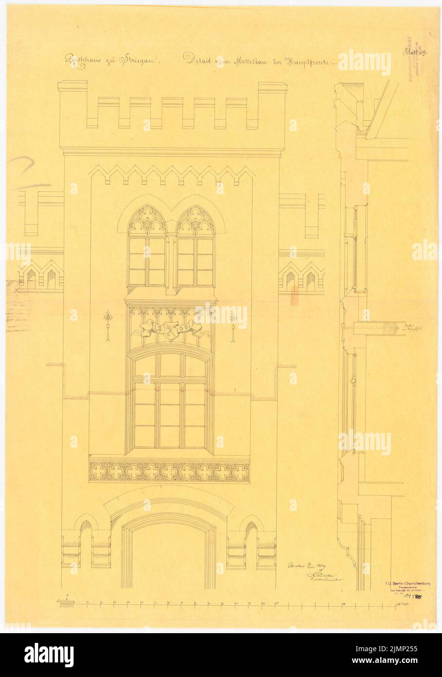 Lüdecke Carl Johann Bogislaw (1826-1894), hôtel de ville de Striegau. Projet 4th: Projet d'exécution (29.06.1859): Équipage de la vue principale de la vue principale avec coupe verticale; barre d'échelle. Tusche aquarelle sur transparent, 73,7 x 51,4 cm (y compris les bords de balayage) Lüdecke Carl Johann Bogislaw (1826-1894): Rathaus, Striegau. 4. Projekt: Ausführungsentwurf Banque D'Images