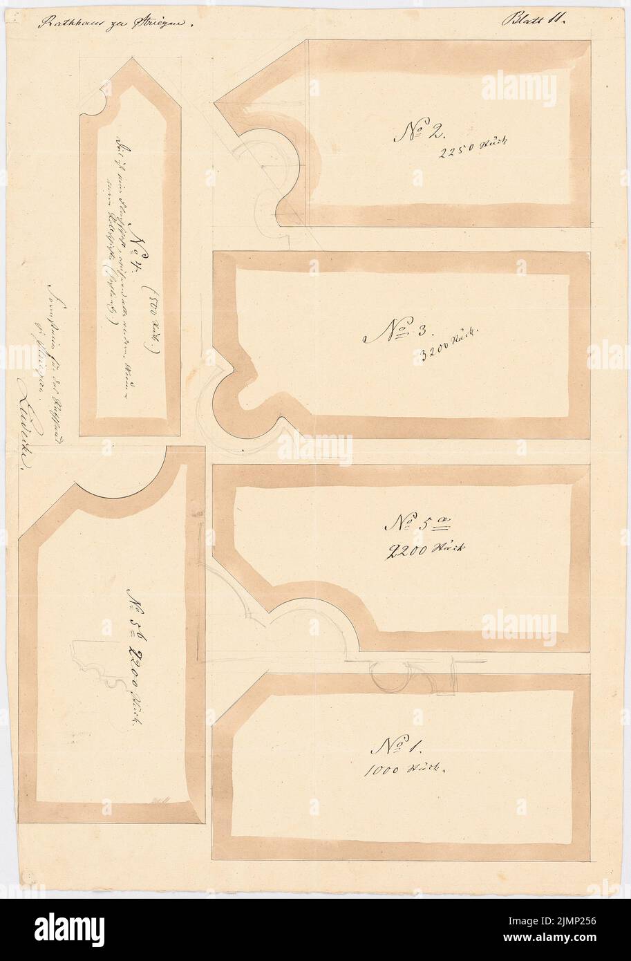 Lüdecke Carl Johann Bogislaw (1826-1894), hôtel de ville de Striegau. 4th projet: Projet d'exécution (1858-1858): Six pierres de forme: Vue. Tusche, aquarelle crayon sur la boîte, 68,9 x 48,4 cm (y compris les bords de balayage) Lüdecke Carl Johann Bogislaw (1826-1894): Rathaus, Striegau. 4. Projekt: Ausführungsentwurf Banque D'Images