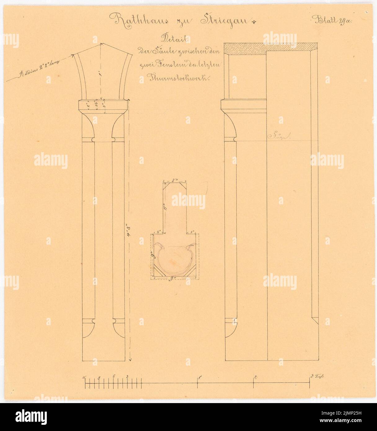 Lüdecke Carl Johann Bogislaw (1826-1894), hôtel de ville de Striegau. Projet 4th : exécution de l'ébauche (1858-1858) : colonne entre les fenêtres de l'étage supérieur de la tour dans le plan d'étage, vue avant, vue latérale ; barre d'échelle. Encre, crayon aquarelle sur la boîte, 22,4 x 21 cm (y compris les bords du scan) Lüdecke Carl Johann Bogislaw (1826-1894): Rathaus, Striegau. 4. Projekt: Ausführungsentwurf Banque D'Images