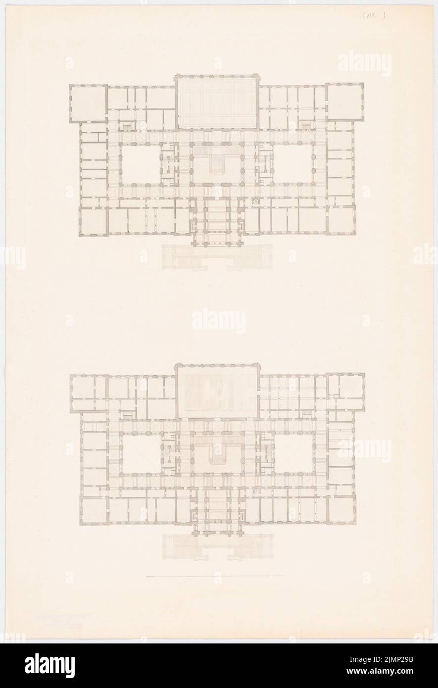 Lange Ludwig (1808-1868), hôtel de ville de Hambourg. (De: L. Lange, travaux d'architecture supérieure, 1858) (1854): 2 plans d'étage. Pression sur carton, 64,6 x 44 cm (y compris les bords de balayage) Lange Ludwig (1808-1868): Werke der höheren Baukunst, Darmstadt 1858. Rathaus, Hambourg Banque D'Images