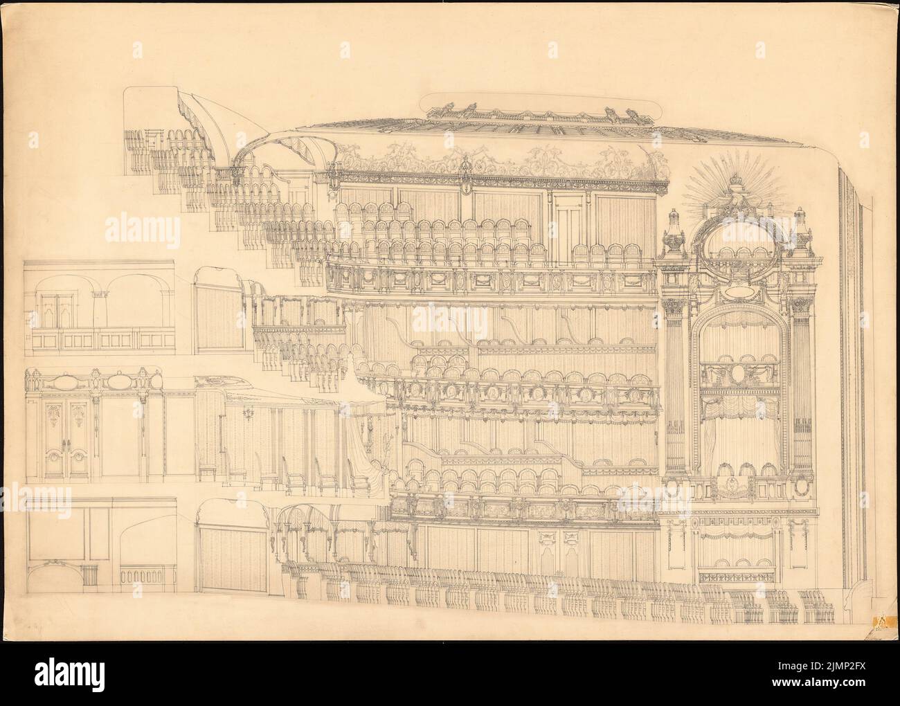 Genzmer, Felix (1856-1929), Royal Opera in Berlin-Tiergarten (1910) : section longitudinale à travers l'auditorium avec vue intérieure. Crayon sur papier, 73,1 x 102,1 cm (y compris les bords de numérisation) Genzmer, Felix (1856-1929): Schauspielhaus, Berlin. Umbau Banque D'Images