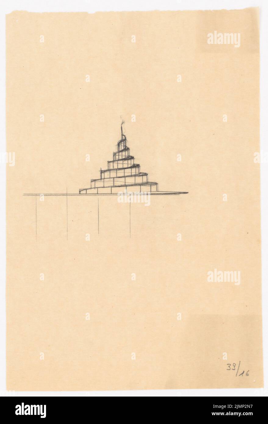 Poelzig Hans (1869-1936), Haus des Rundfunk, Berlin (1928-1930): Suite à l'esquisse d'une partie en spirale du bâtiment. Crayon sur transparent, 31,4 x 21,2 cm (y compris les bords de balayage) Poelzig Hans (1869-1936): Haus des Rundfunks, Berlin-Charlottenburg Banque D'Images