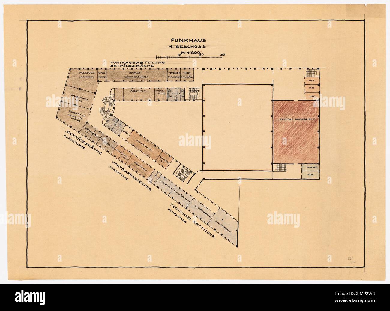 Poelzig Hans (1869-1936), Maison de la radio, Berlin (1928-1930): Projet préliminaire B: Plan d'étage 1: 200. Encre, crayon de couleur sur transparent, 64,3 x 88,3 cm (y compris les bords de balayage) Poelzig Hans (1869-1936): Haus des Rundfunks, Berlin-Charlottenburg Banque D'Images