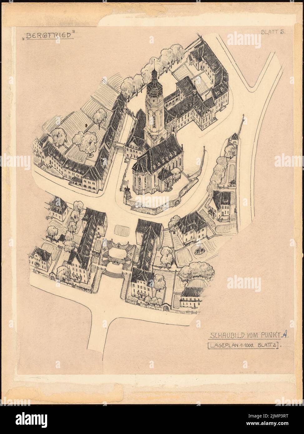 Brix & Genzmer, plan de développement pour le site de Triller, Saarbrücken-St. Johann (sans date): Perspective du point A 1: 1000. Crayon sur papier, sur carton, 66,3 x 49,7 cm (y compris les bords de numérisation) Brix & Genzmer : Bebauungsplan für die Ortslage Tiller, Saarbrücken-St. Johann Banque D'Images