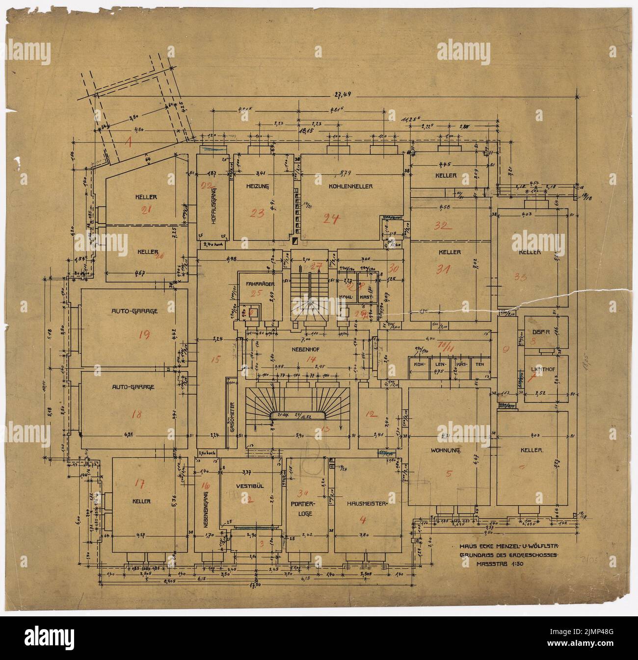 Poelzig Hans (1869-1936), Hohenzollernstraße/Menzelstraße/Wölflstraße à Breslau (1907-1911): Maison Menzel- und Wölflstraße: Grundriss EG 1:50. Encre et crayon coloré sur transparent, 69,6 x 72 cm (y compris les bords de balayage) Poelzig Hans (1869-1936): Wohnhäuser Hohenzollernstraße/Menzelstraße/Wölflstraße, Breslau Banque D'Images