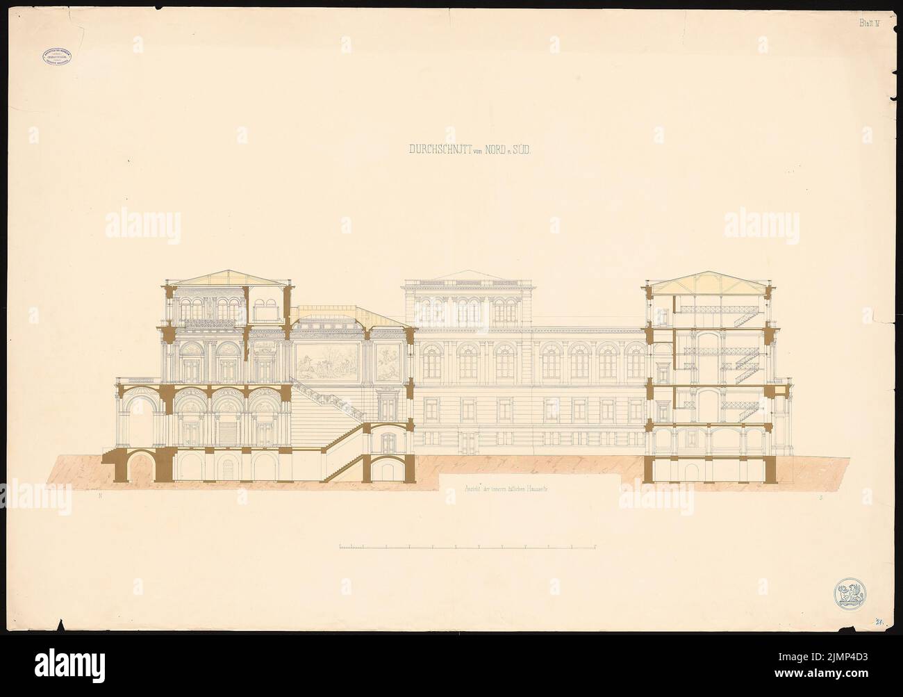 Pichler Oskar (1826-1865), bâtiment pour les collections United Grand Ducal (art, pièces, bibliothèque, sciences naturelles), Karlsruhe (sans date) : coupe nord-Sud. Tuche aquarelle sur la boîte, 100,4 x 142,9 cm (y compris les bords de balayage) Pichler Oskar (1826-1865): Gebäude für die Vereinigten Großherzoglichen Sammlungen (Kunst, Münzen, Bibliothek, Naturwissenschaften), Karlsruhe Banque D'Images