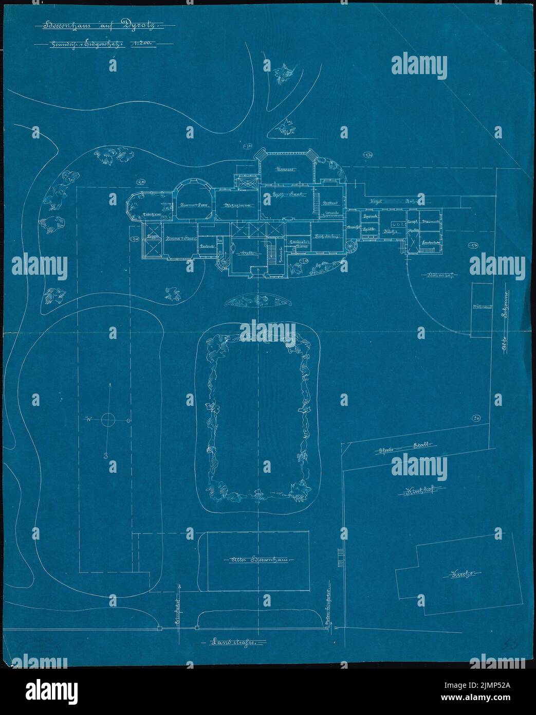 Grisebach Hans (1848-1904), manoir de Rudolf Mosse, Dyrotz (1894): Plan du site et plan d'étage EG 1: 200. Encre sur papier, 68,6 x 55,1 cm (y compris les bords de numérisation) Grisebach Hans (1848-1904): Herrenhaus für Rudolf Mosse, Dyrotz Banque D'Images