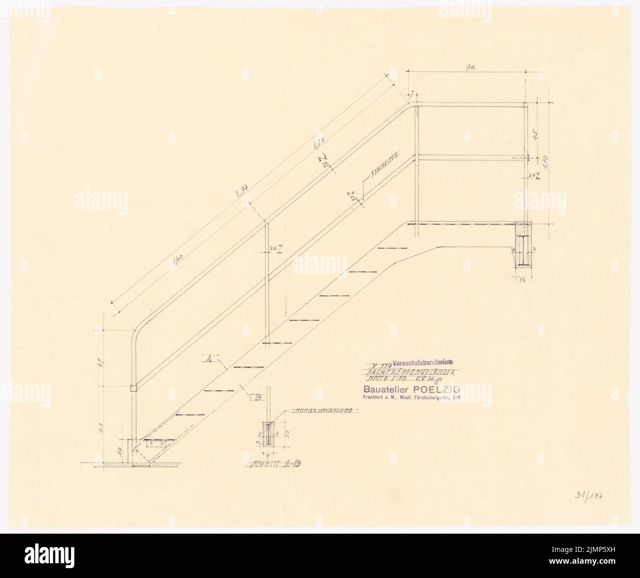 Poelzig Hans (1869-1936), I.G.-Colors à Francfort-sur-le-main. Laboratoire expérimental (05.05.1930): Rampe d'escalier (escaliers de toit) 1:10. Crayon sur transparent, 43,7 x 52,4 cm (y compris les bords de balayage) Poelzig Hans (1869-1936): I.G.-Farben, Francfort-sur-le-main. Versuchslaboratorium Banque D'Images