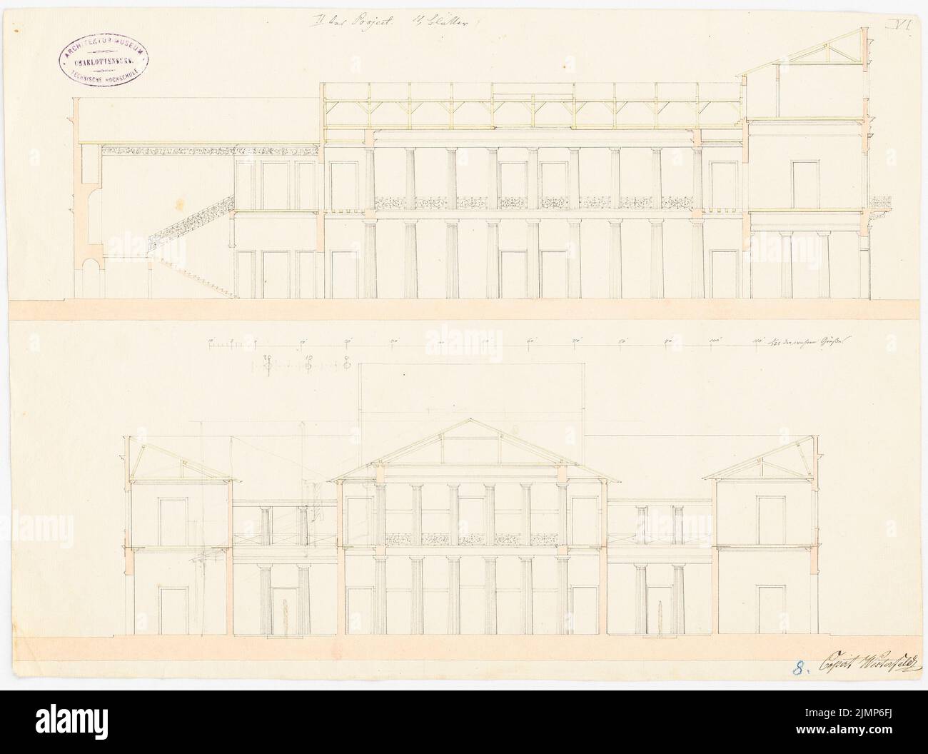 Moller Georg (1784-1852), Kurhaus à Bad Homburg/Höhe. projet 2nd (1830-1830) : 2 coupes. Tuche aquarelle sur papier, 34,7 x 46,6 cm (y compris les bords de numérisation) Moller Georg (1784-1852): Kurhaus, Bad Homburg c. d. Höhe. 2. Projekt Banque D'Images