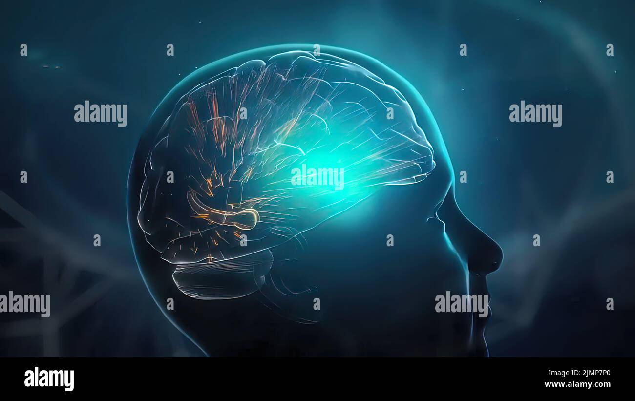 3D de l'activité neuronale du cerveau tournant sur fond noir Banque D'Images